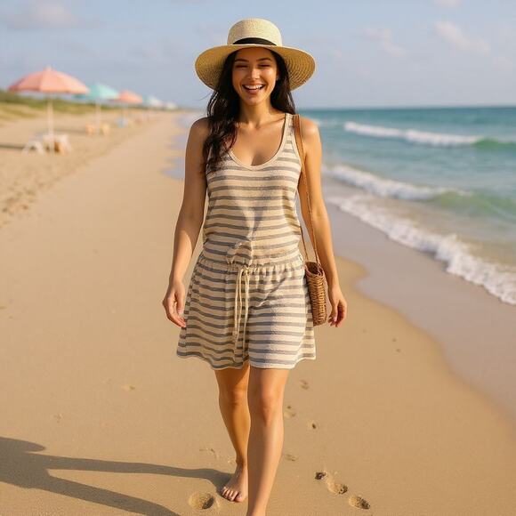 Old Navy Pants - Old Navy Beach Romper Blue & White Striped Terry Waist Defined Women's Size Med